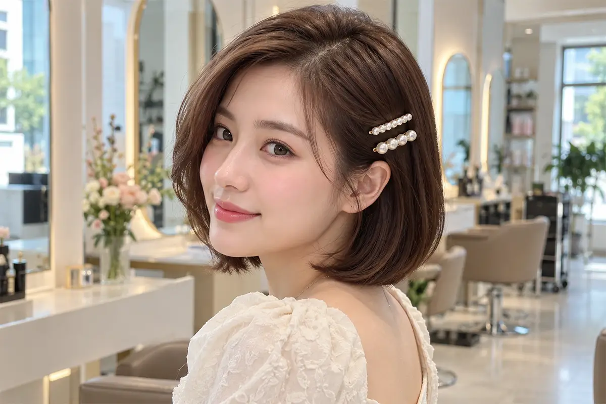 6. Tóc ngắn kết hợp kẹp tóc ngọc trai