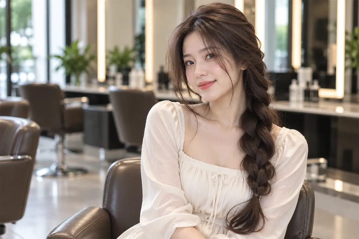 7. Tóc dài tết lệch một bên