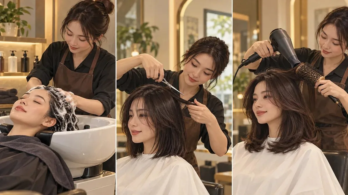 Minh họa các bước cắt, gội và sấy tóc nữ tại salon