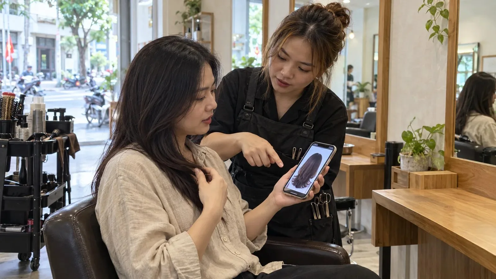 Khách nữ đưa ảnh mẫu và trao đổi chiều dài tóc với stylist