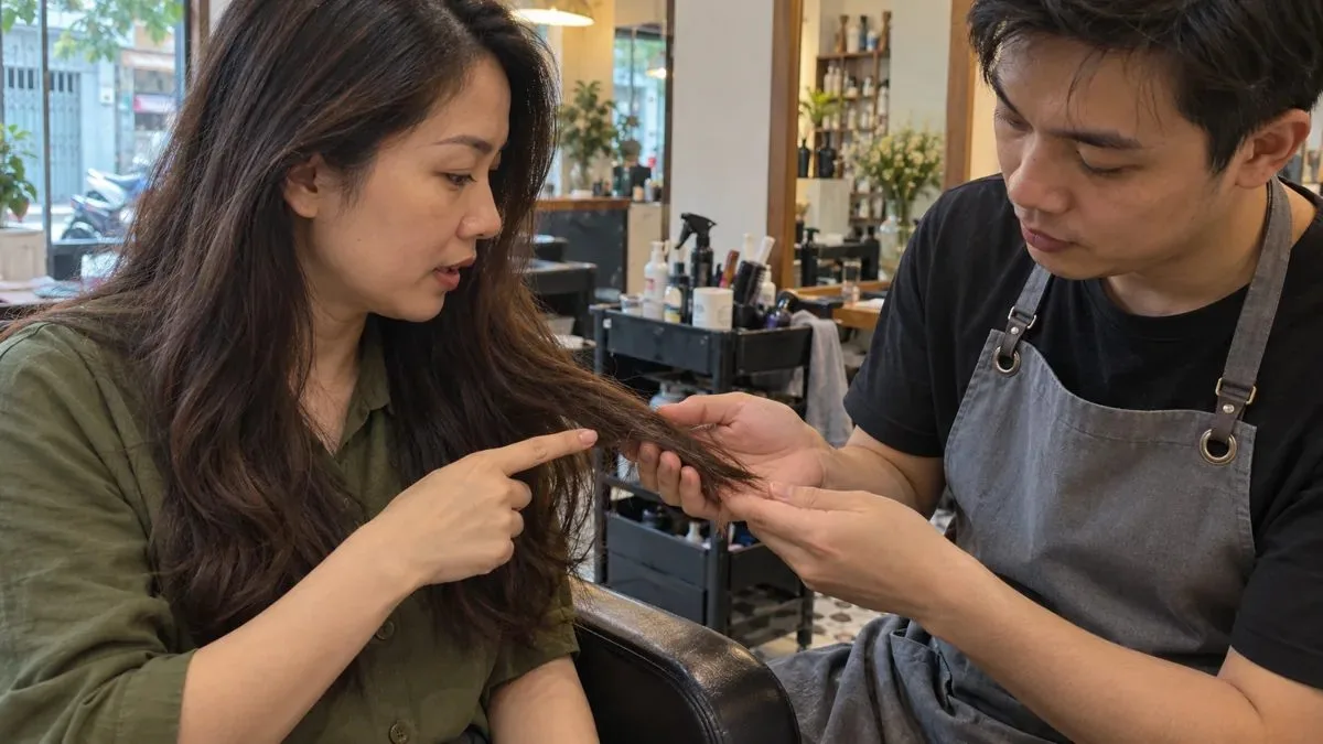 Khách nữ chỉ phần ngọn tóc khi stylist xem tình trạng tóc trước cắt