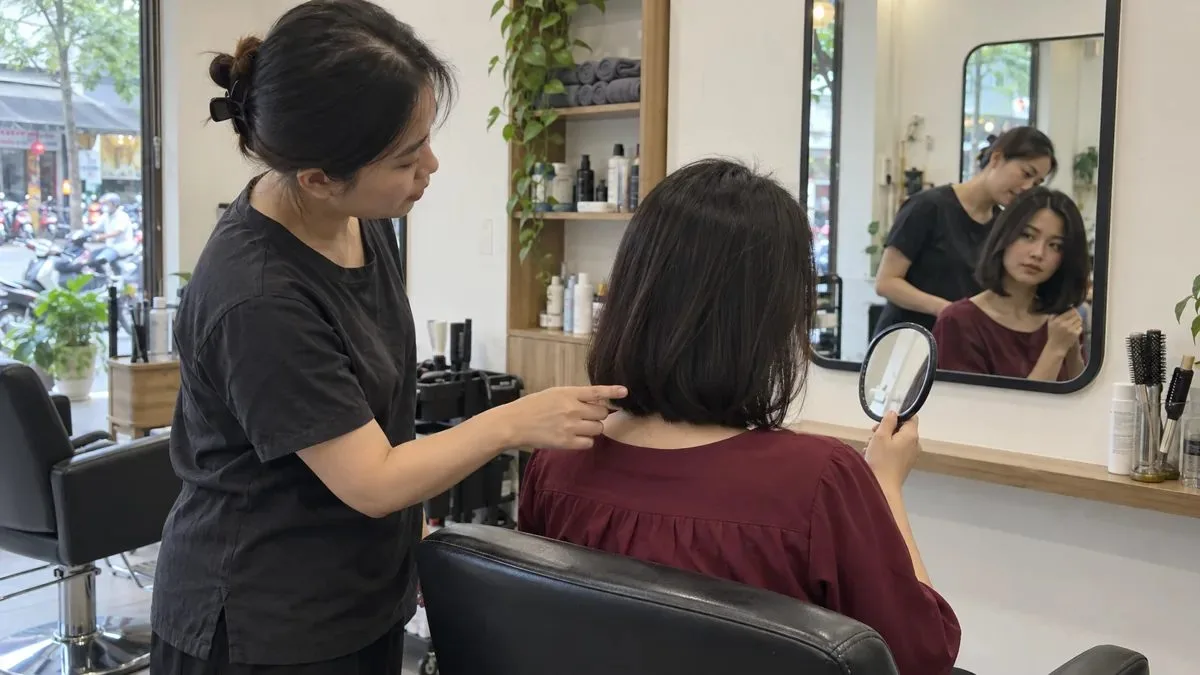 Khách nữ dùng gương kiểm tra dáng tóc cùng stylist sau khi cắt