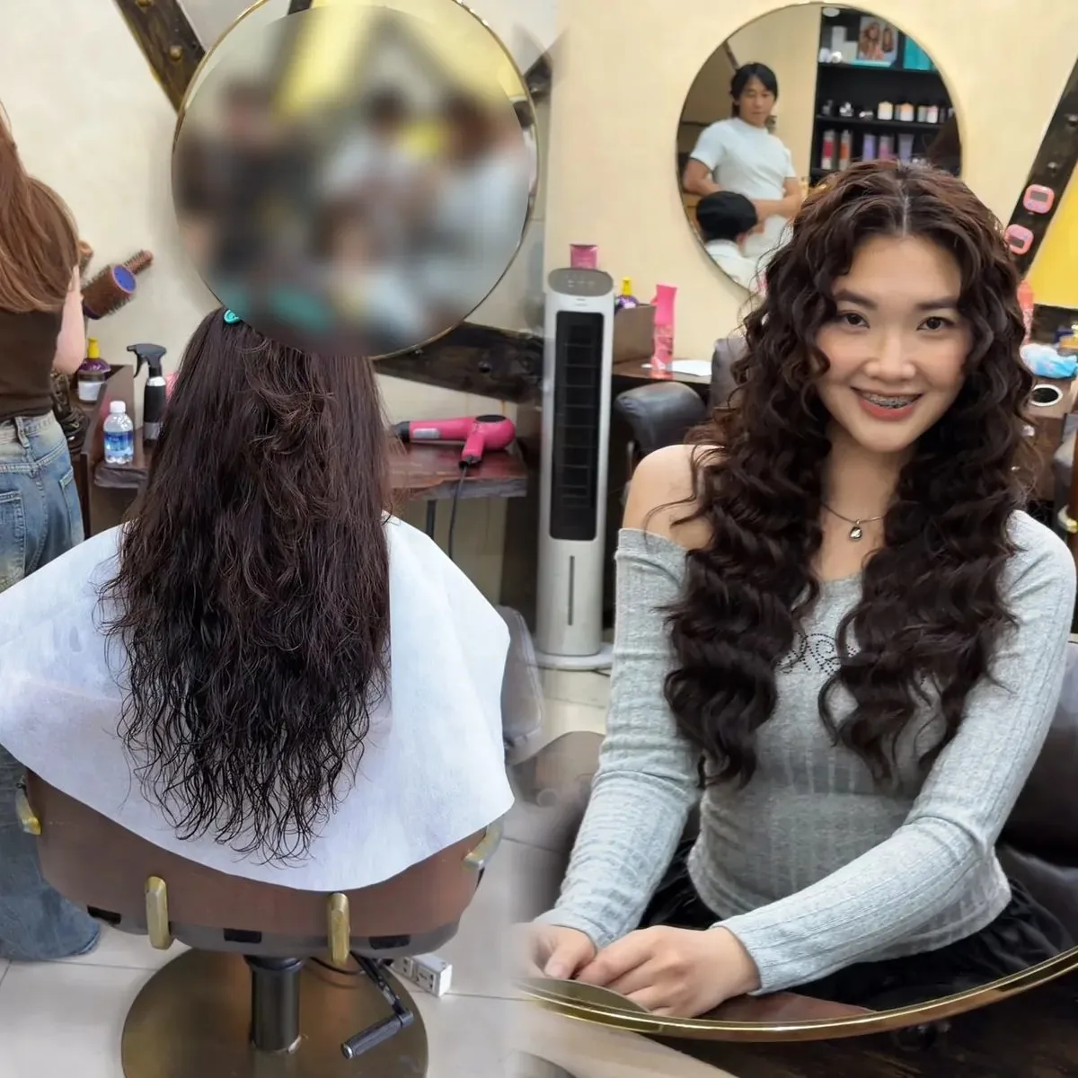 Trước và sau khi uốn tóc hippie xoăn lọn nhỏ cho tóc dài tại A Vòong Hair Salon Tân Phú