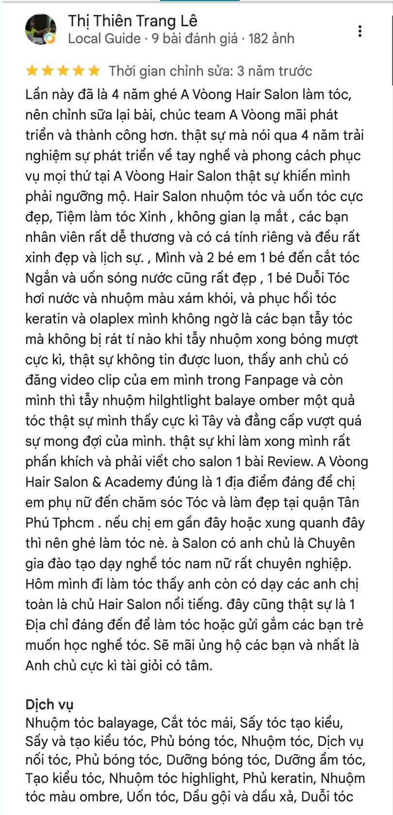 Đánh giá 5 sao của Lê Thị Thiên Trang về A Voòng Hair Salon & Academy: “Stylist tư vấn kiểu hợp dáng mặt, tóc lên đúng ý. Lần nào đến cũng được chăm sóc nhiệt tình.”