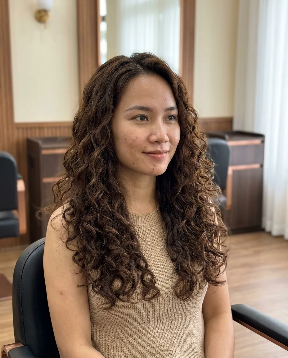 Tóc uốn xoăn lọn curly màu nâu socola dài ngang ngực – ảnh minh họa kiểu tóc, A Vòong Hair Salon Tân Phú